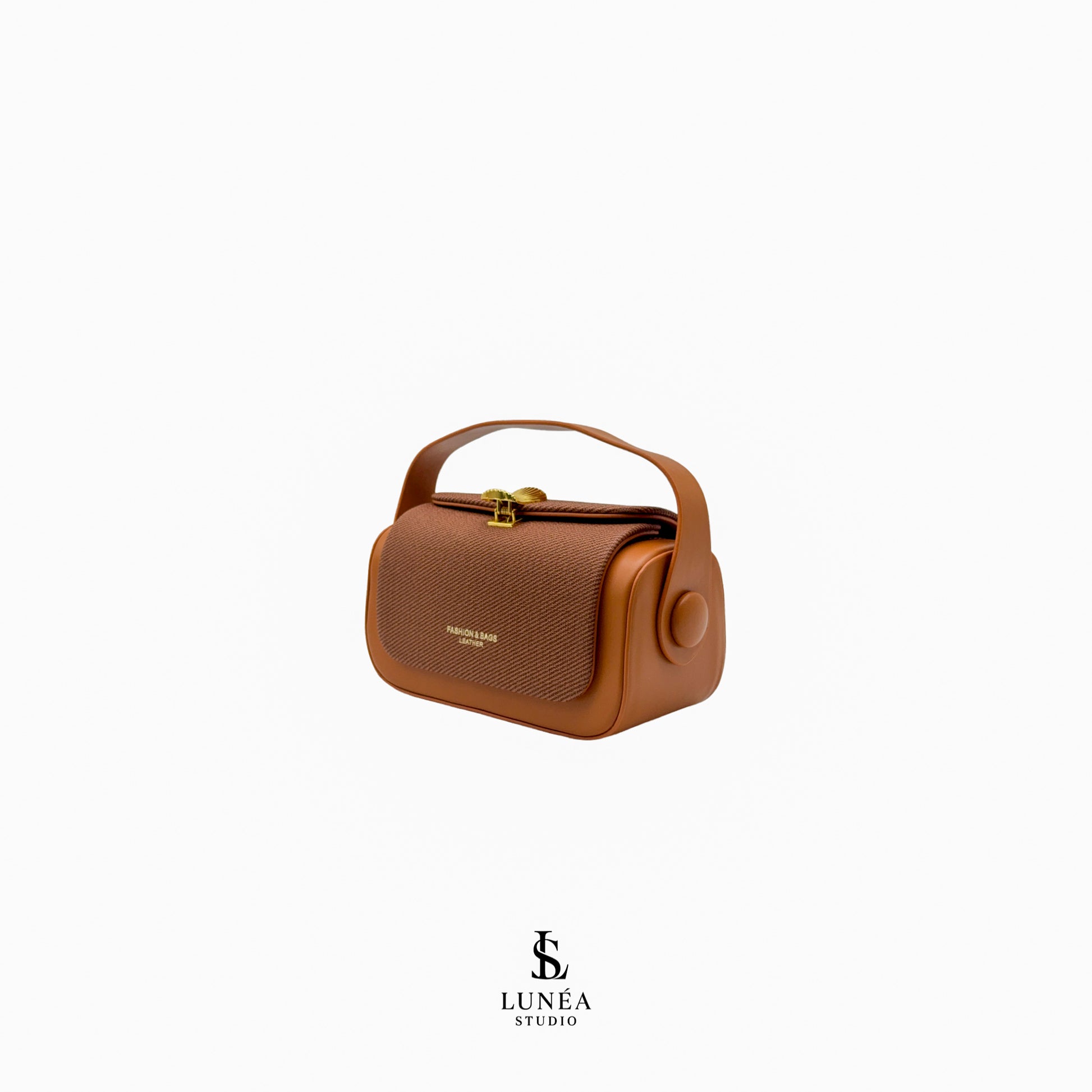Rectangle Bag – Cognac Umhängetasche mit Stoffdetail & goldener Schnalle