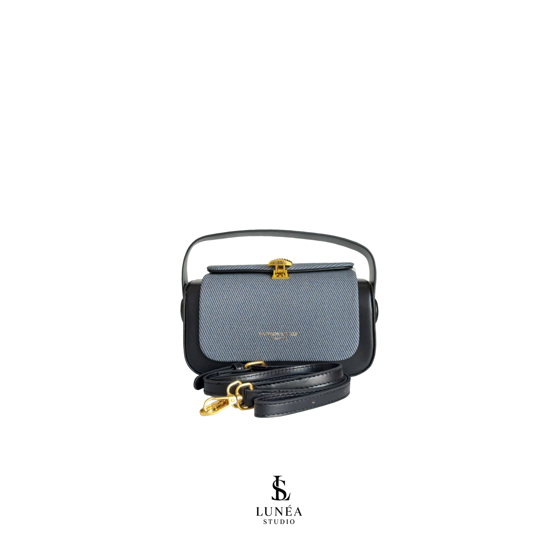 Rectangle Bag – Schwarze Umhängetasche mit Stoffdetail & goldener Schnalle