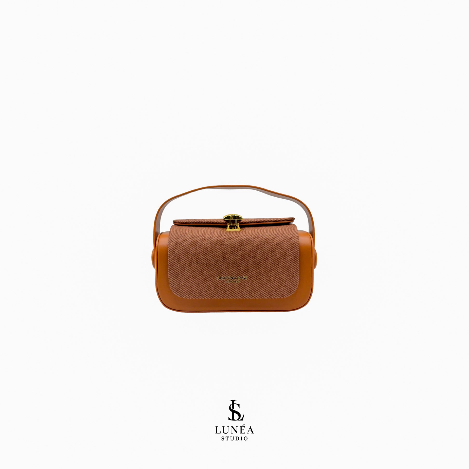 Rectangle Bag – Cognac Umhängetasche mit Stoffdetail & goldener Schnalle