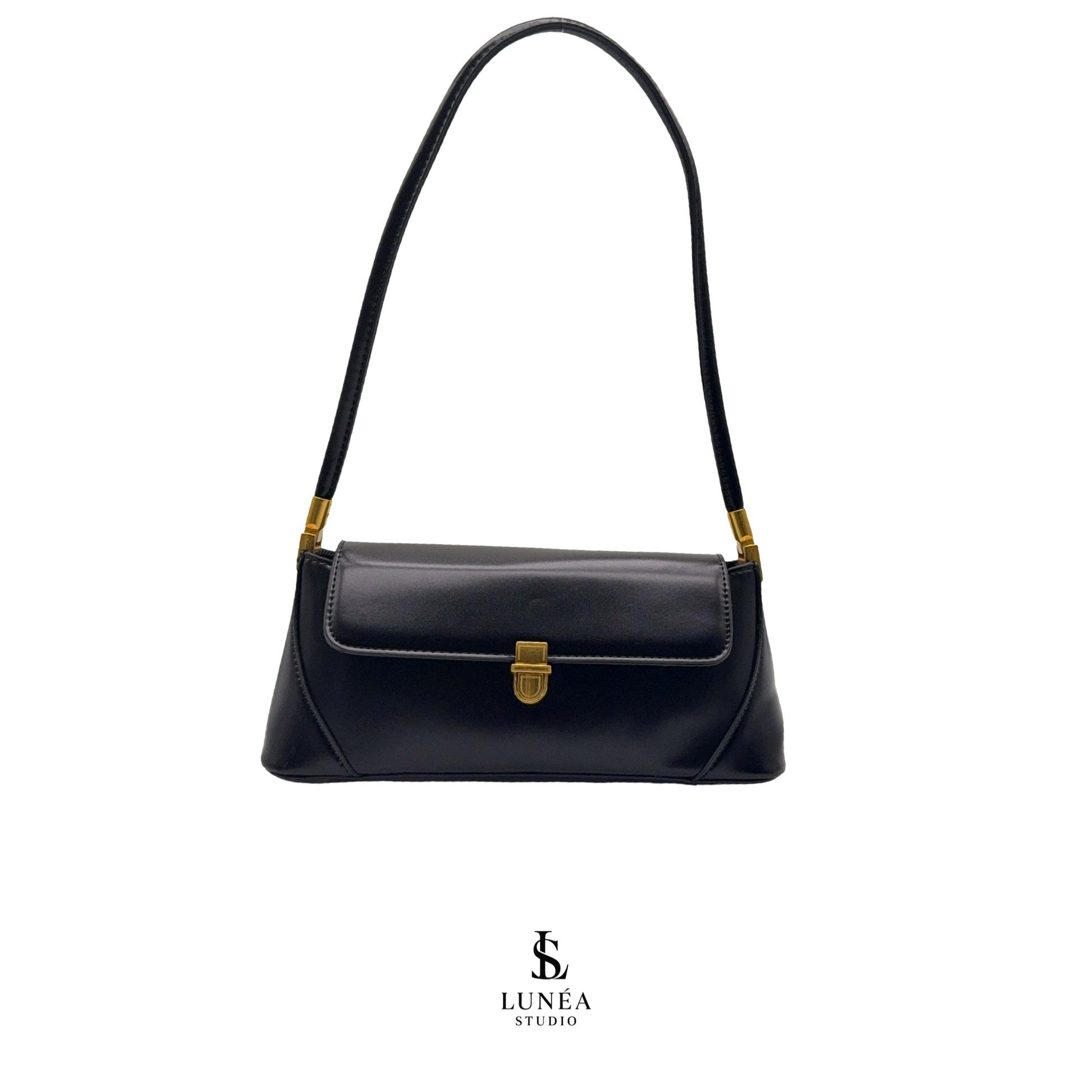 Amélie Bag – Schwarze Schultertasche mit Goldverschluss