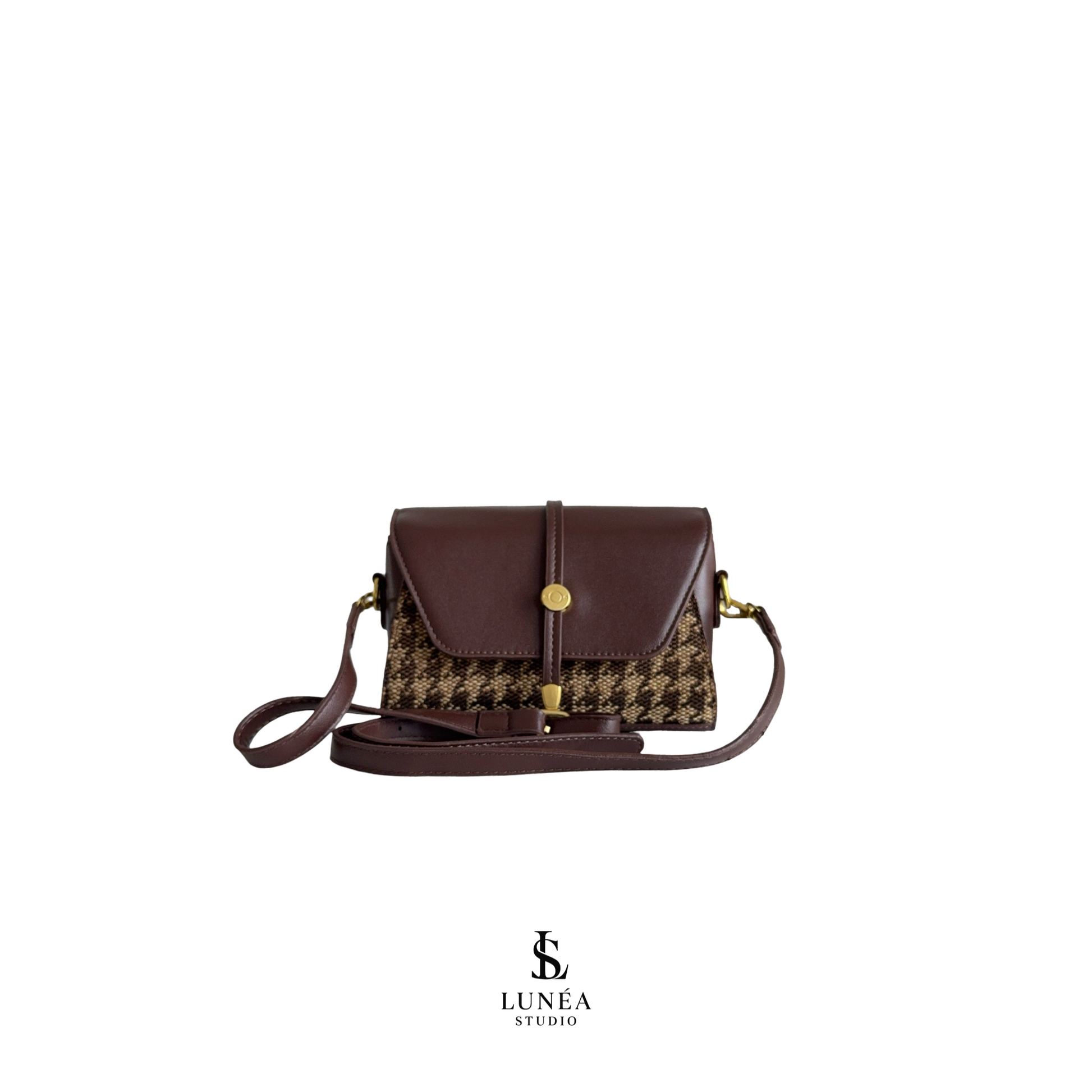 Édit Mini Bag – Braune Tasche Hahnentritt-Stoff & Goldverschluss