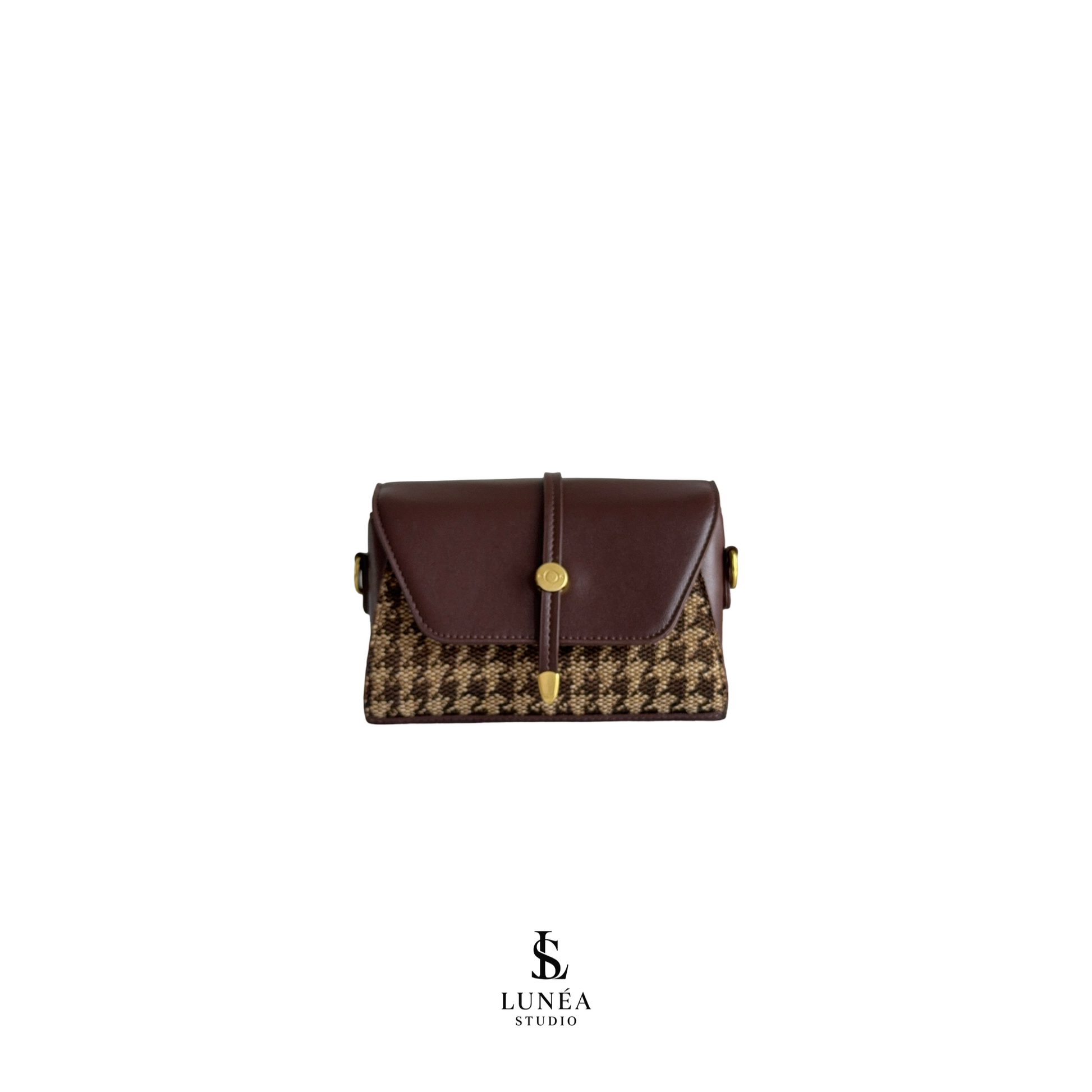 Édit Mini Bag – Braune Tasche Hahnentritt-Stoff & Goldverschluss