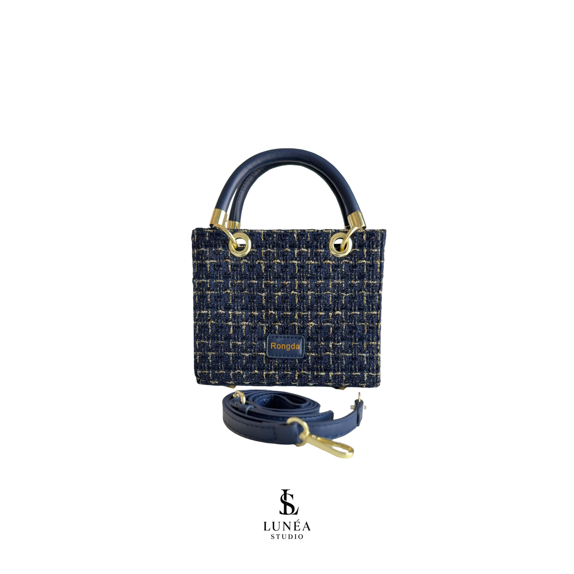 Milan Bag – Tweed-Handtasche in Navy & Gold