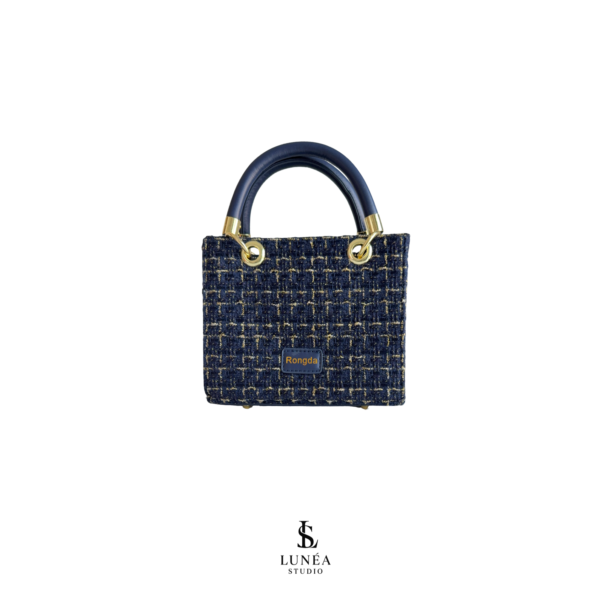 Milan Bag – Tweed-Handtasche in Navy & Gold