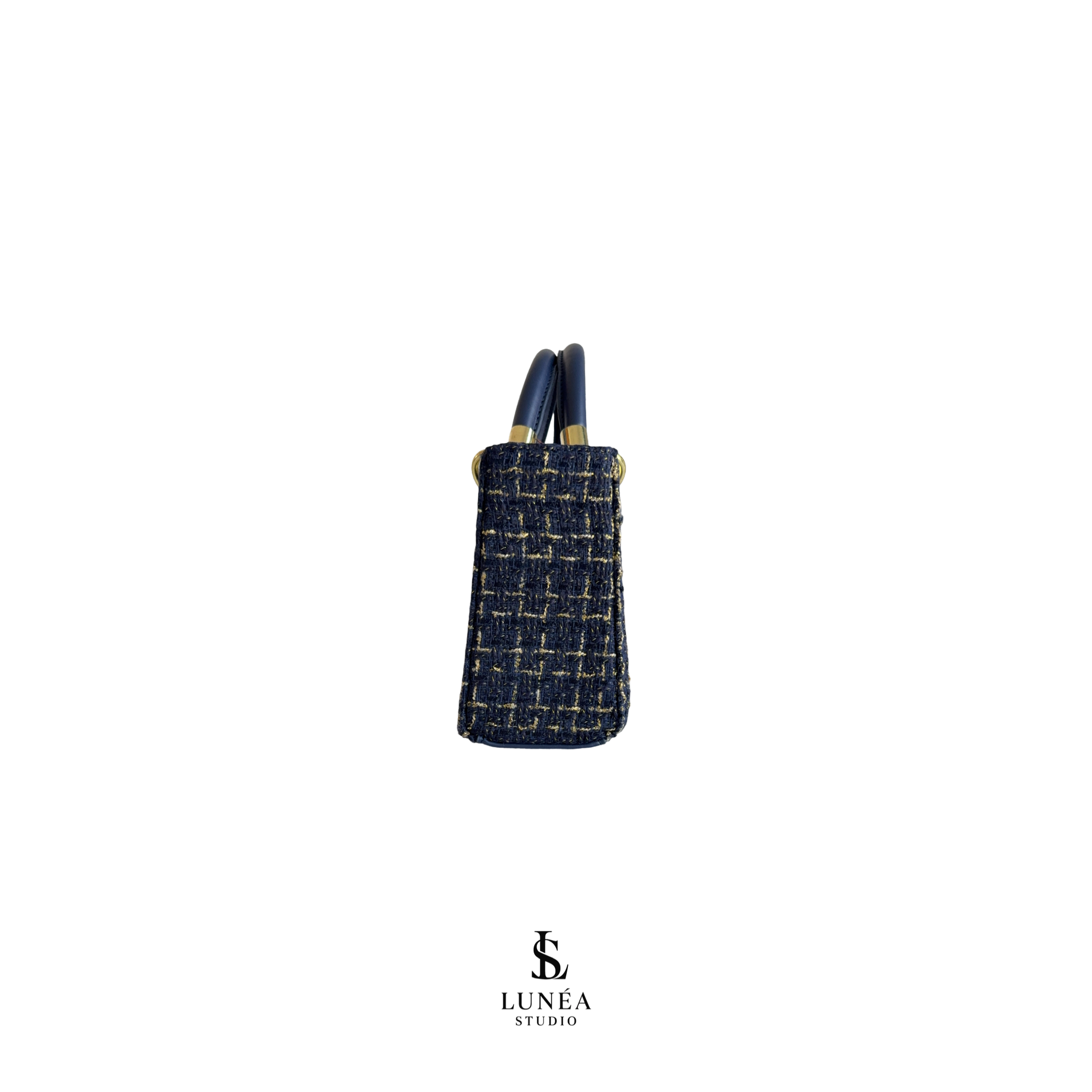 Milan Bag – Tweed-Handtasche in Navy & Gold