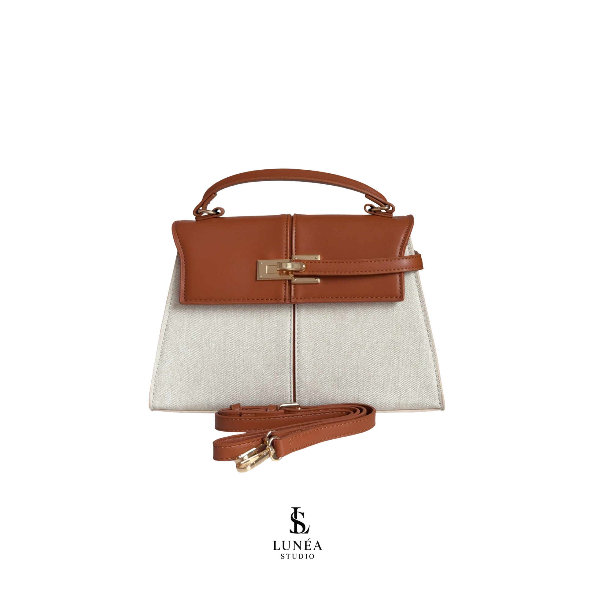 Eloise Bag – Signature Handtasche in Canvas & Cognac mit Goldverschluss