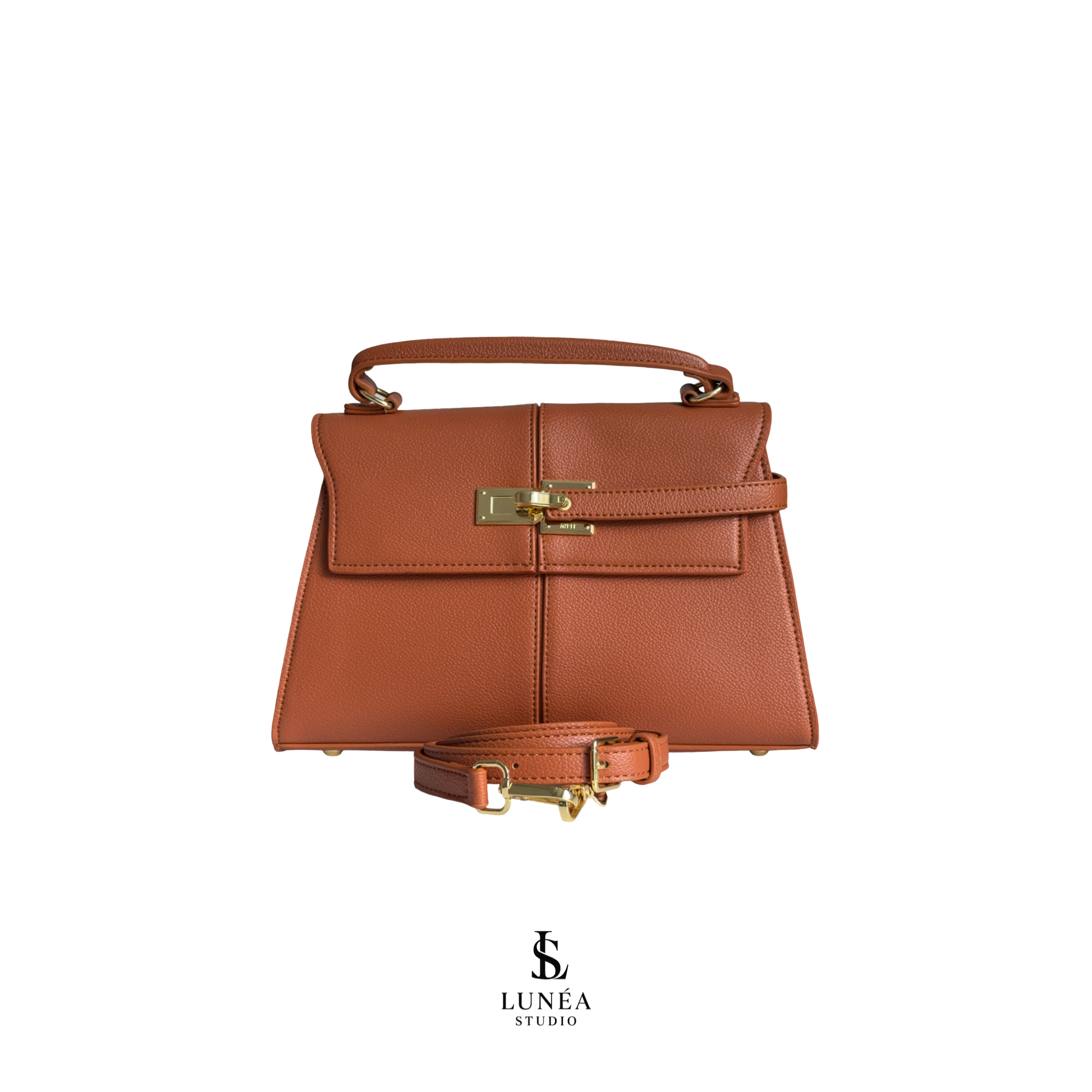 Aria Bag – Signature Handtasche in Cognac mit Goldverschluss