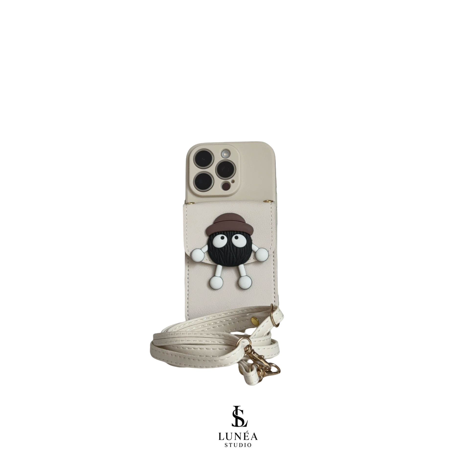 iPhone-Hülle „Mr. Fluffy“ Beige – mit Kartenfach, 3D-Figur & Umhängegurt