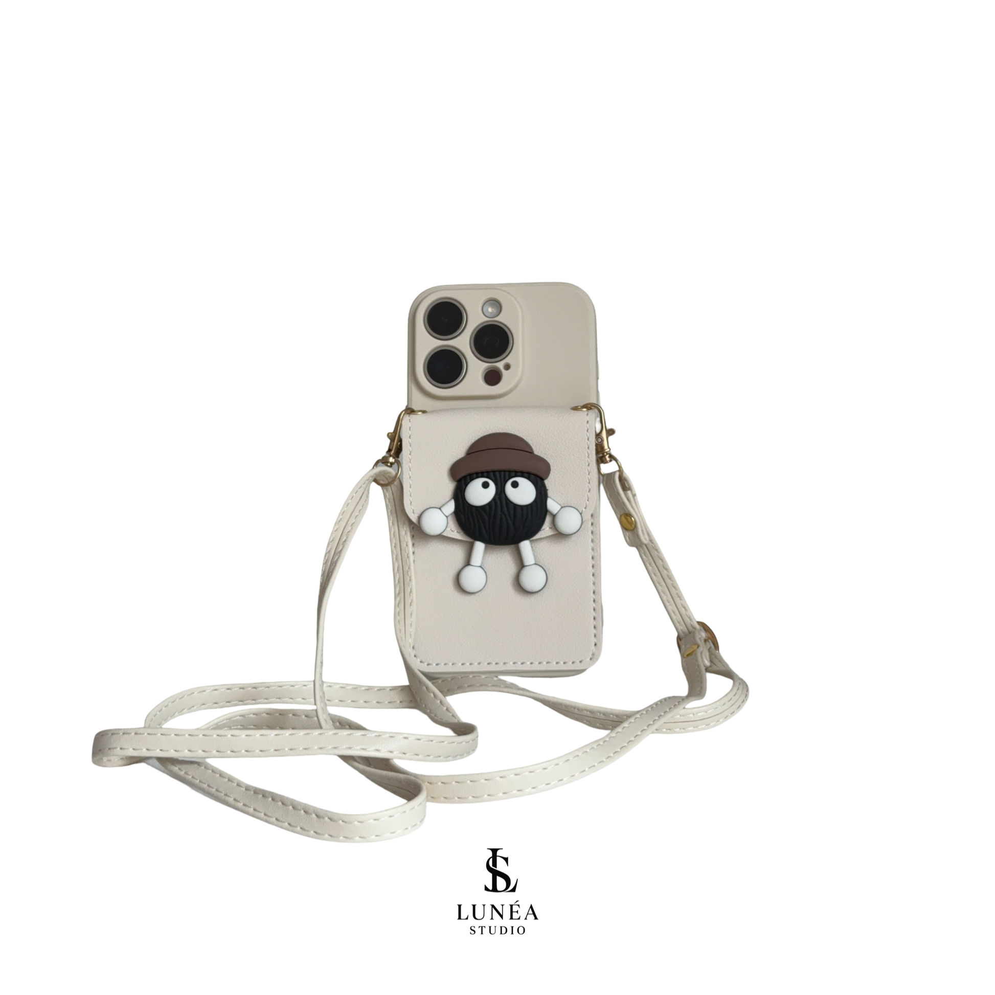 iPhone-Hülle „Mr. Fluffy“ Beige – mit Kartenfach, 3D-Figur & Umhängegurt