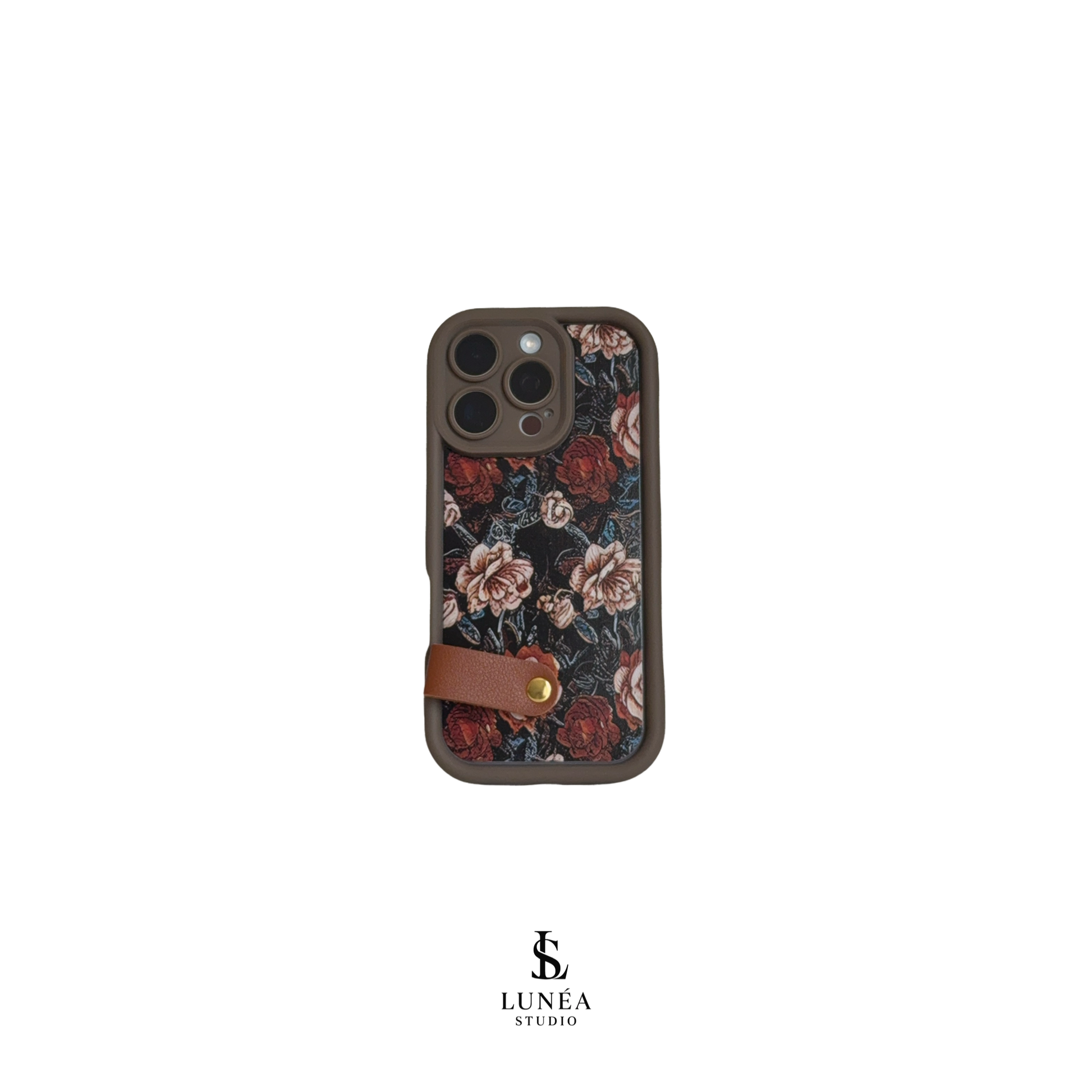 iPhone-Hülle Floral Braun – Mit Handschlaufe & Retro-Blumenmuster