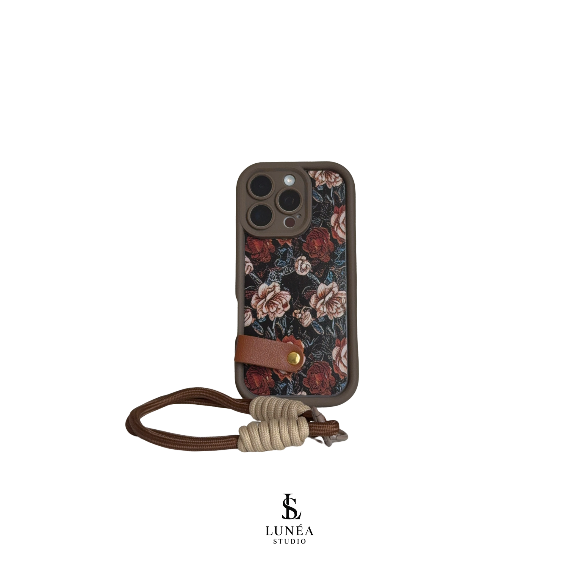 iPhone-Hülle Floral Braun – Mit Handschlaufe & Retro-Blumenmuster