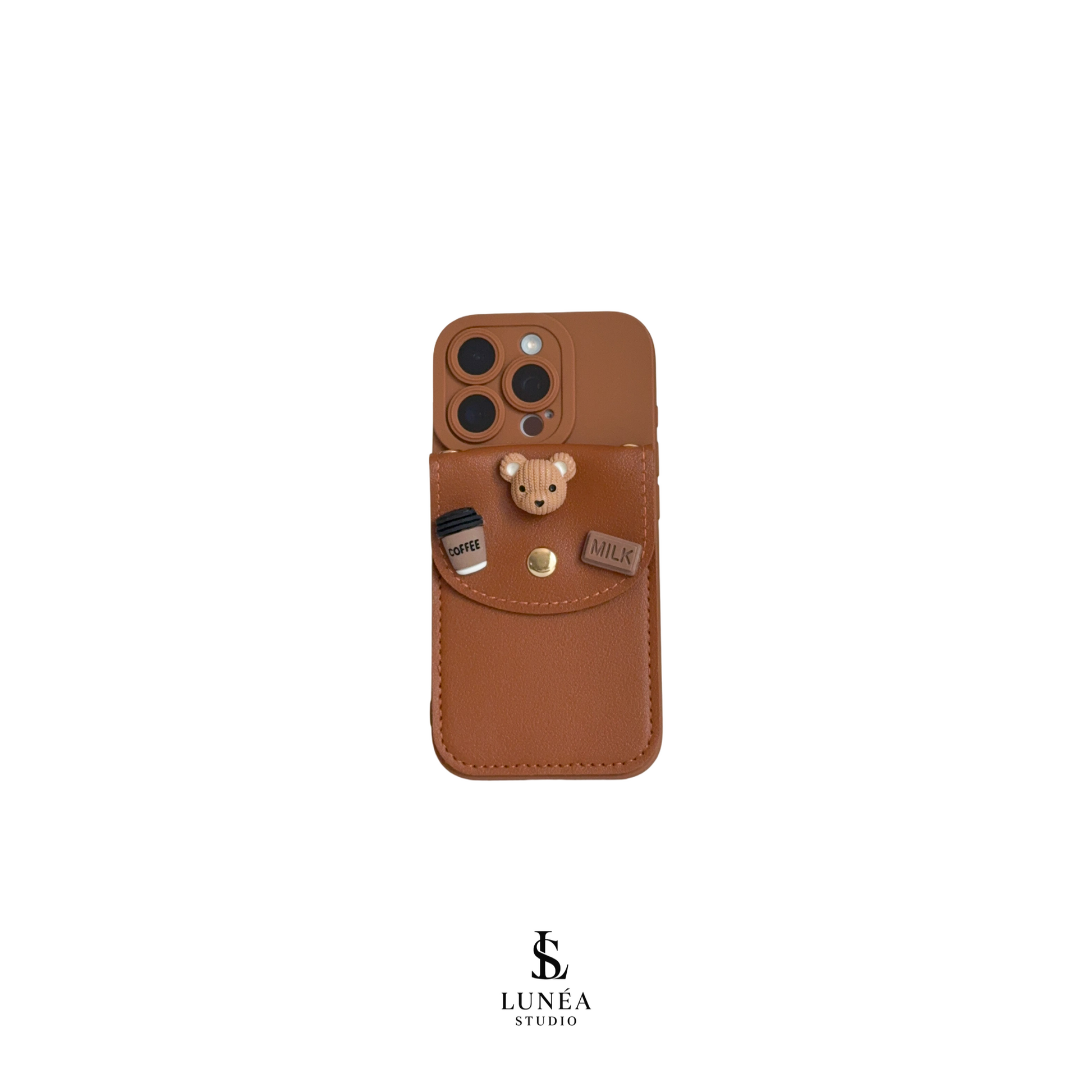iPhone-Hülle „Teddy & Coffee“ – mit Kartenfach & Crossbody-Gurt