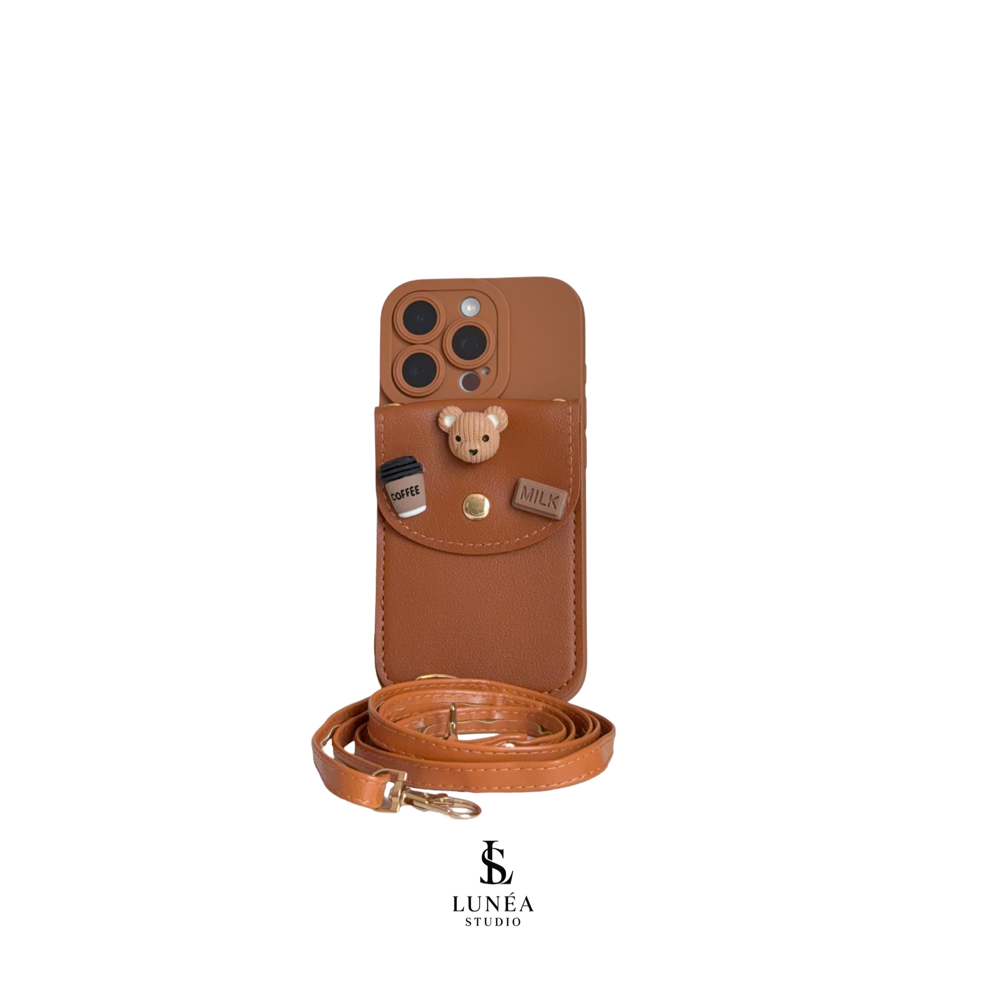 iPhone-Hülle „Teddy & Coffee“ – mit Kartenfach & Crossbody-Gurt