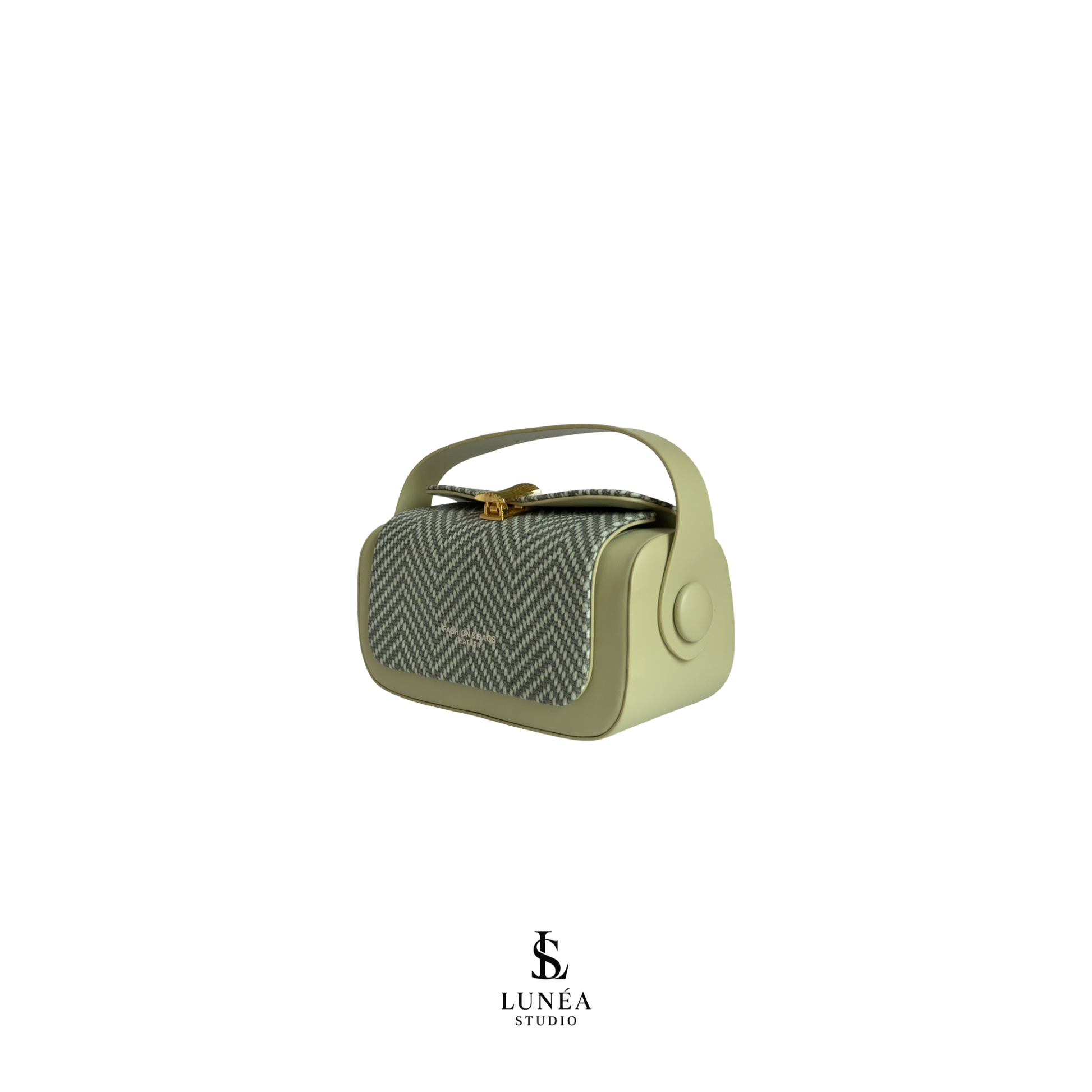 Rectangle Bag – Salbeigrüne Umhängetasche mit Fischgrät Canvas & goldener Schnalle