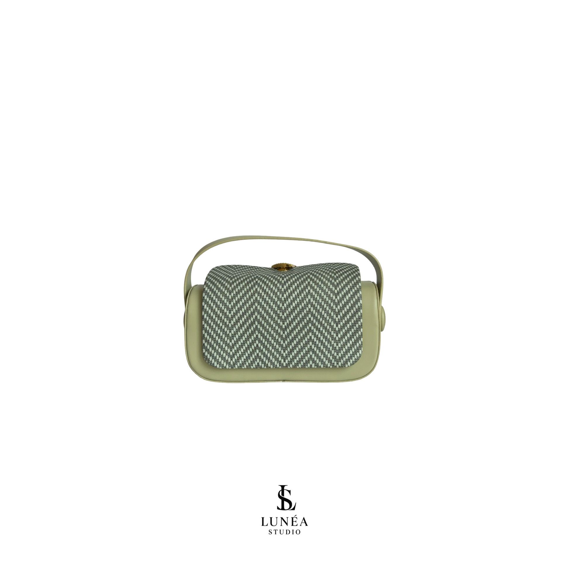 Rectangle Bag – Salbeigrüne Umhängetasche mit Fischgrät Canvas & goldener Schnalle